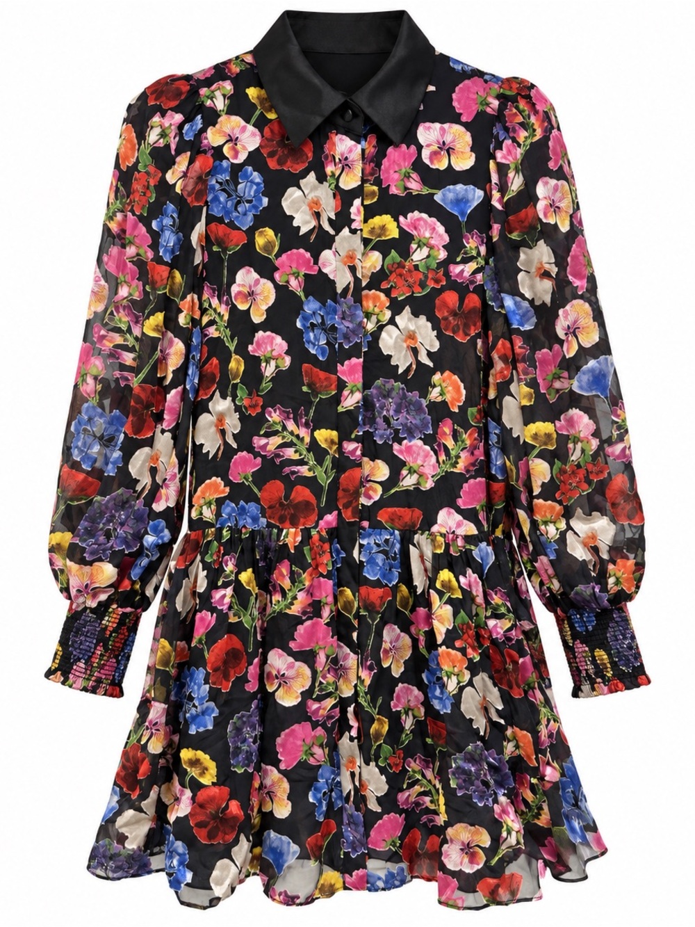 Alice + Olivia Bertha Floral Silk Blend Long Sleeve Mini Dress — Small